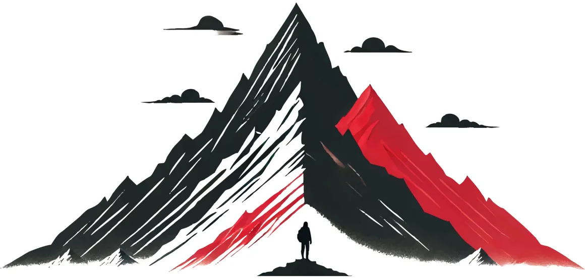 Silhouette of a person standing before stylized black and red mountains with scattered clouds.